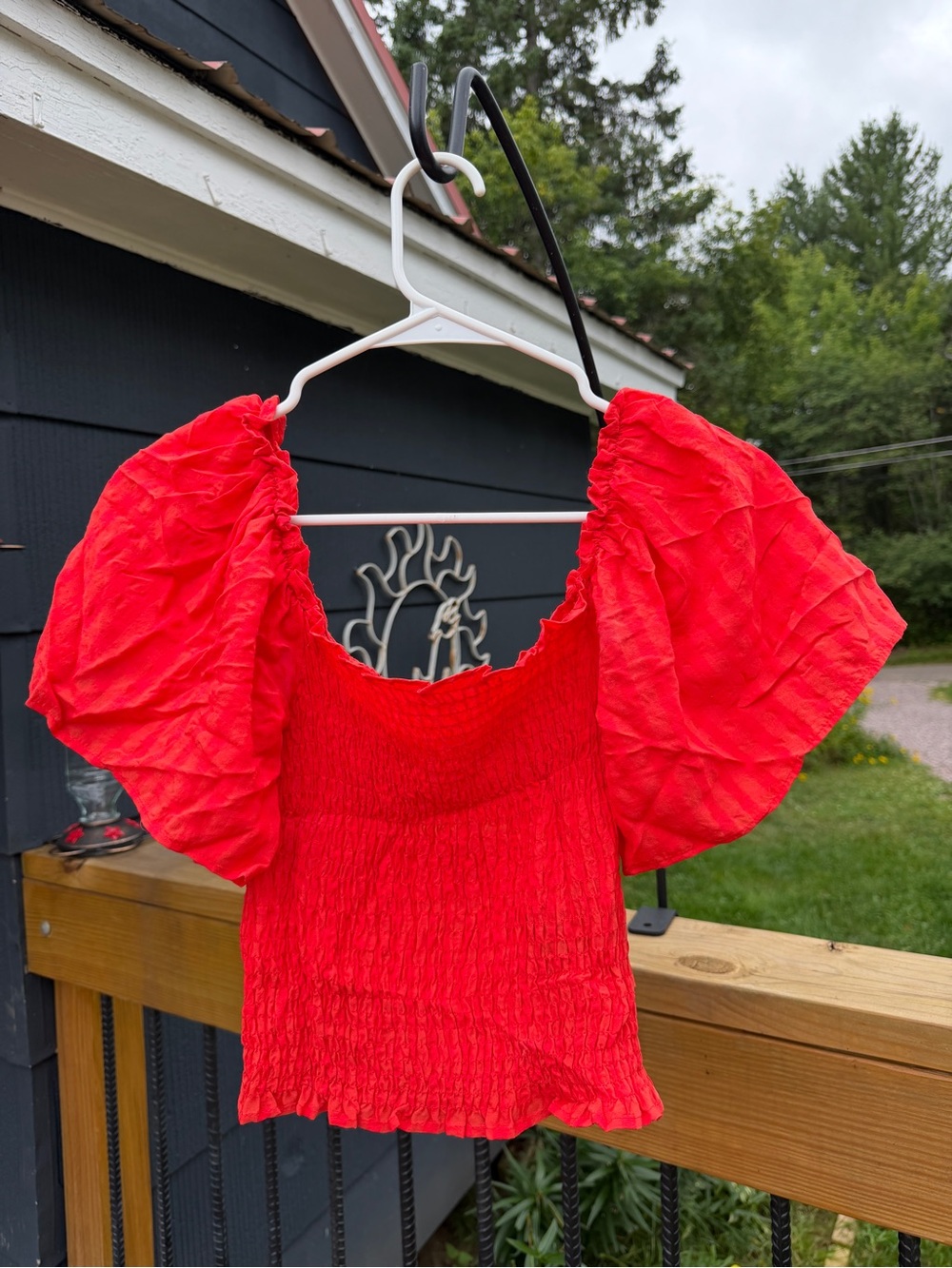 H&M Red Puff-Sleeve Smocked Crop Top